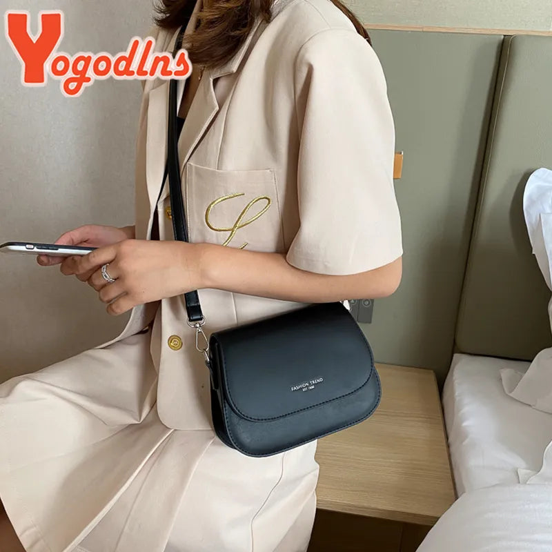 Yogodlns Trendy Saddle Shoulder Bag Women PU Leather Crossbody Bag Simple Solid Color Flap Messenger Bag Designer Handbags Pouch