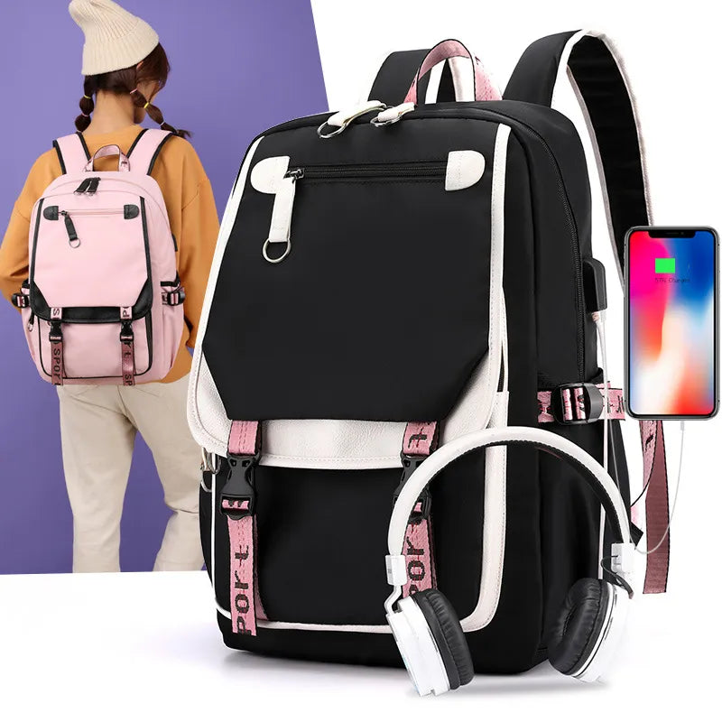 Fengdong large school bags for teenage girls USB port canvas schoolbag student book bag fashion black pink teen school backpack