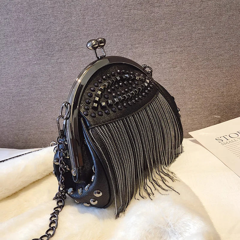 Gykaeo Luxury Handbags Women Bags Designer Punk Style Chains Shoulder Bag Ladies Small Rivet Tassel Cross Body Bag Sac A Main