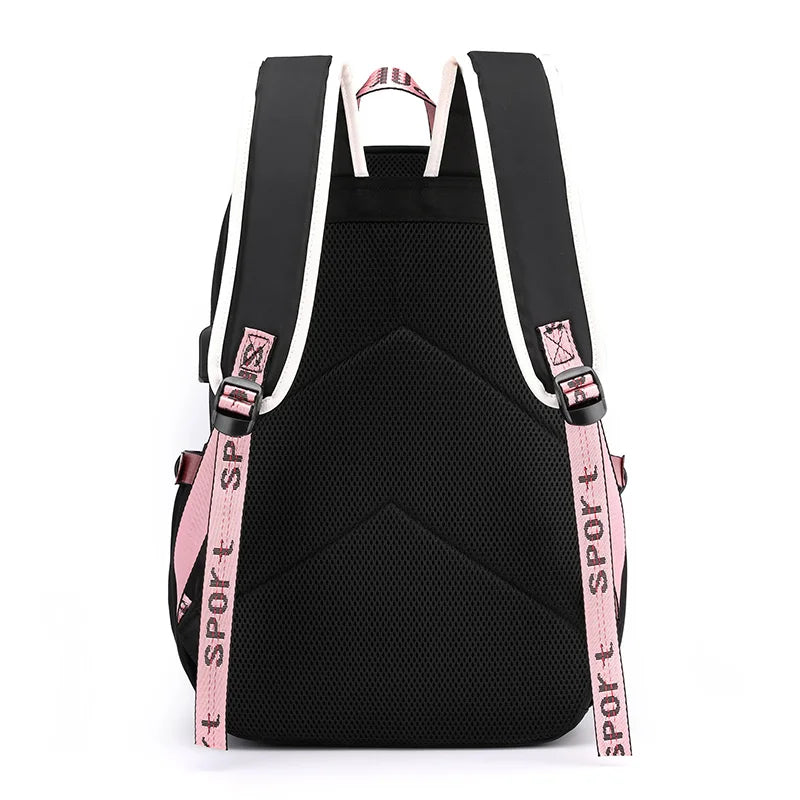 Fengdong large school bags for teenage girls USB port canvas schoolbag student book bag fashion black pink teen school backpack