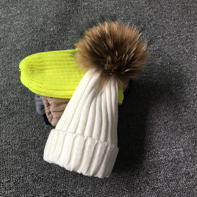 Winter Brand Female Fur Pom Poms hat Winter Hat For Women Girl 's Hat Knitted Beanies Cap Hat Thick Women Skullies Beanies