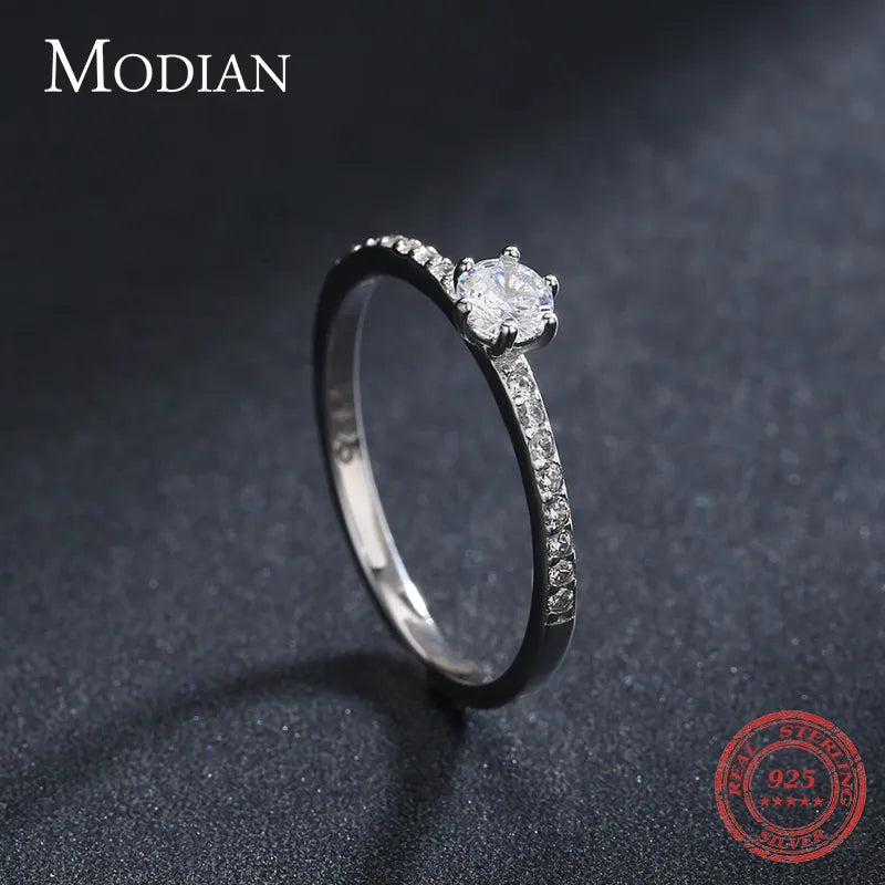 Modian Solid 925 Sterling Silver Simple Round Clear CZ Finger Rings For Women & Girls Cassic Wedding Statement Fine Jewelry Gift