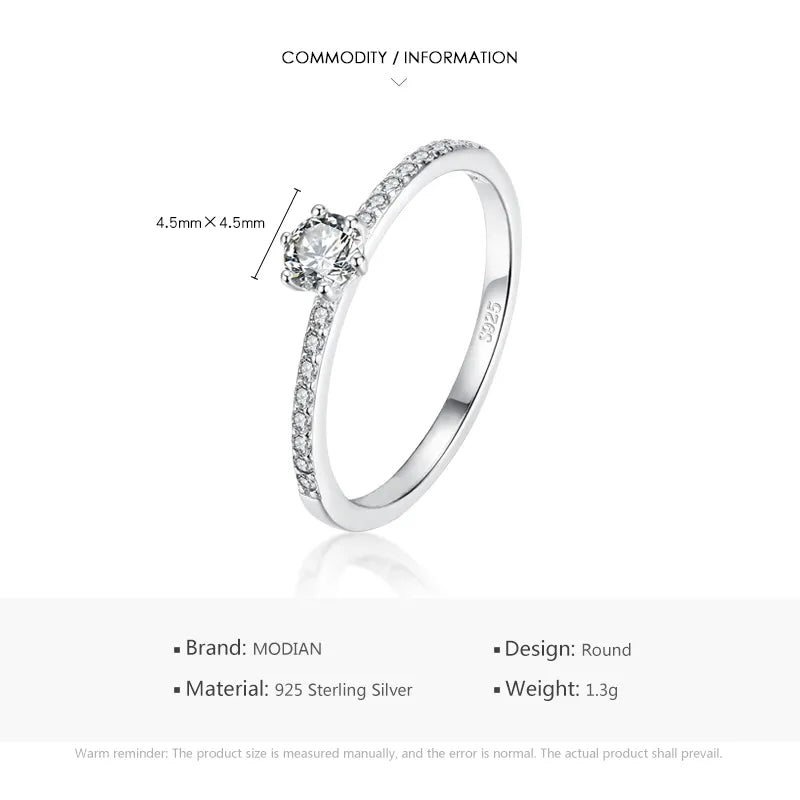 Modian Solid 925 Sterling Silver Simple Round Clear CZ Finger Rings For Women & Girls Cassic Wedding Statement Fine Jewelry Gift