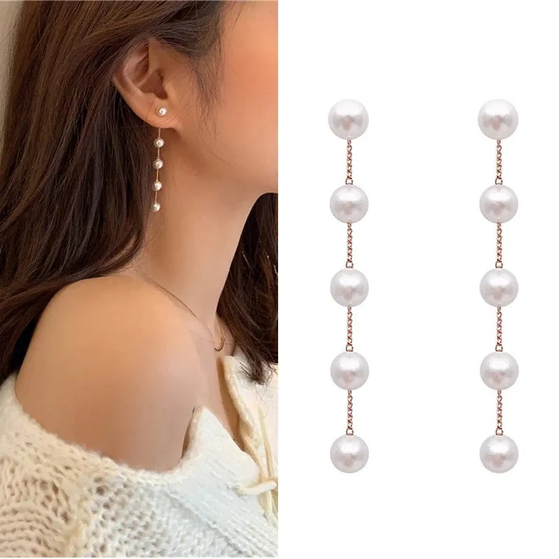 Trend Simulation Pearl Long Earrings Female Moon Star Flower Rhinestone Wedding Pendant Earrings Fashion Korean Jewelry Earrings