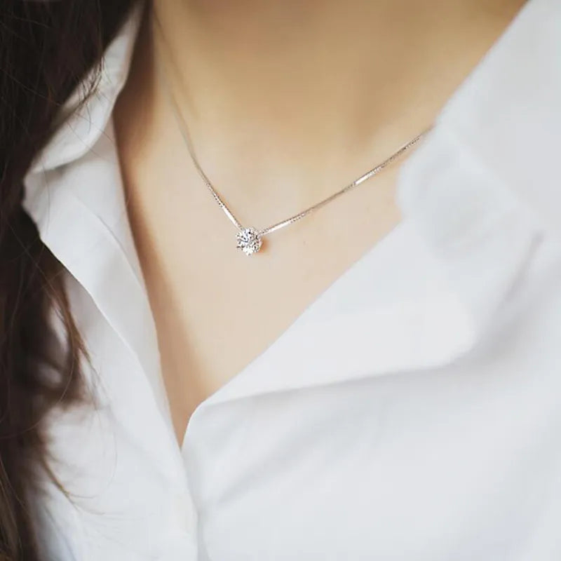 Cute 925 Sterling Silver Geometric Simple Round Choker AAA Zircon Pendant Necklace For Women Engagement Fine Jewelry NK005