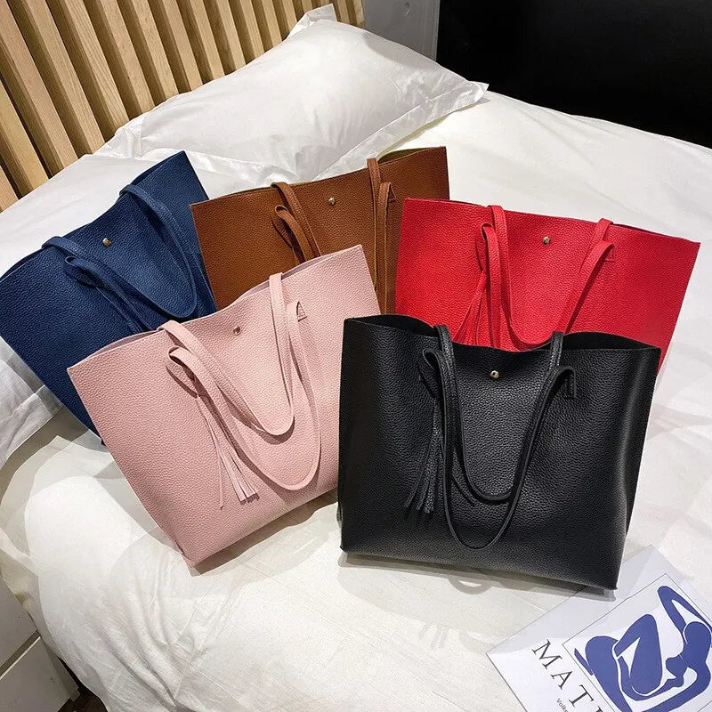 New Trend Women Single Shoulder Bag Casual Large Capacity Pu Lychee Pattern Tassel Outdoor Simple Tote Bag