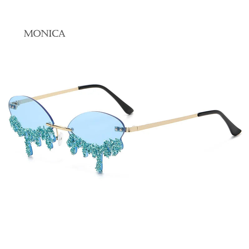 2024 Small Oval Rimless Tear Shape Rhinestone Sunglasses with Stone Brand Designer Punk Diamond Sun Glasses Gafas De Sol