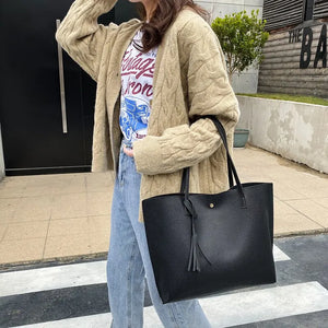 New Trend Women Single Shoulder Bag Casual Large Capacity Pu Lychee Pattern Tassel Outdoor Simple Tote Bag