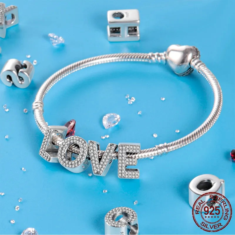 26 A-Z Alphabet Beads 925 Sterling Silver LOVE Letter Charm Fit Original Pandora Charms Bracelet Bangle CZ Zircon Bead Jewelry