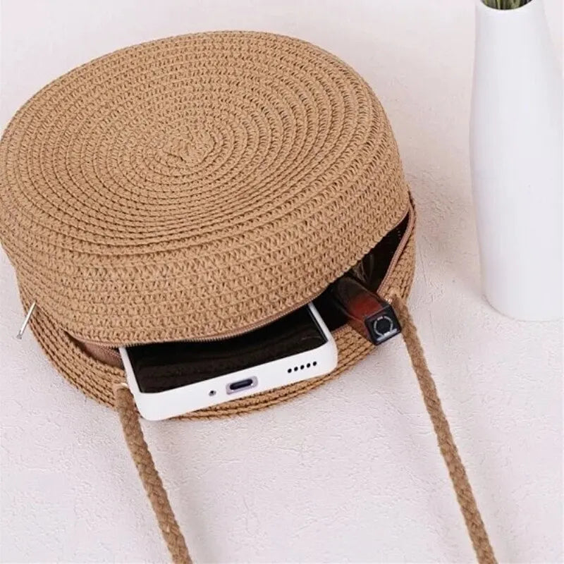 Minimalist Straw Bag Round Crossbody Purse Women Shoulder Vocation Style Handbag