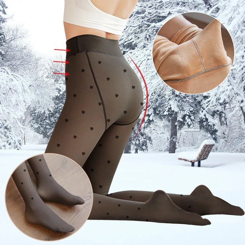 Sexy Print Leggings Women Fake Translucent Pantyhose Warm Thick Wool Sock Pants Polka Dot Fleece Tights Stocking Female Hosiery