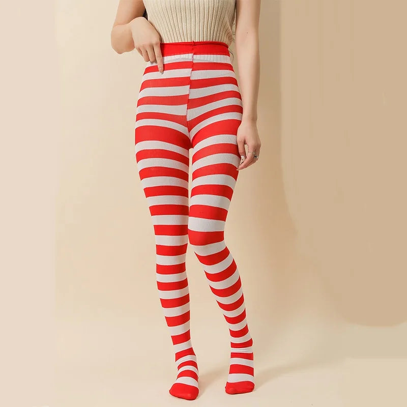 Goth Style Punk Women Striped Pantyhose Rainbow Long Tights Halloween Christmas High Waist Cosplay Stocking Elastic Slim Legging