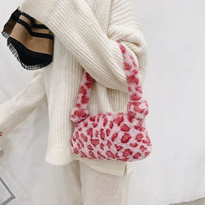 Fashion Women Cow Print Mini Shoulder Bags Female Winter Plush Underarm Bags Leopard Zebra Pattern Fluffy Tote Bags Small Purses